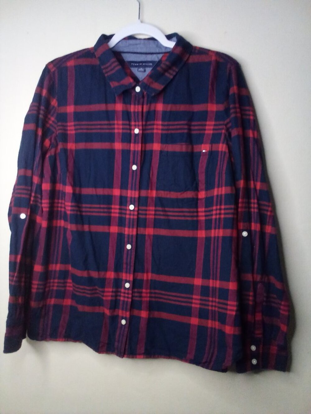 Tommy Hilfiger Shirt Women XL Button Up Long Sleeve Cotton Pocket Plaid Red Blue